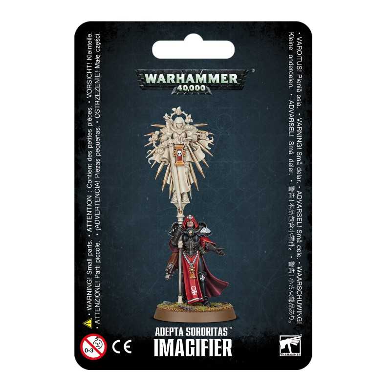 Miniatura Adepta Sororitas Imagifier para Warhammer 40,000 de Games Workshop con estandarte sagrado.